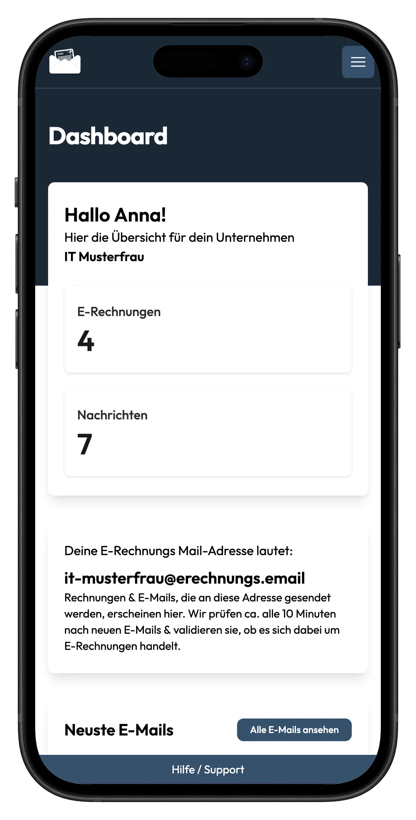 Screenshot von rechnungsbox.io in der mobilen Ansicht